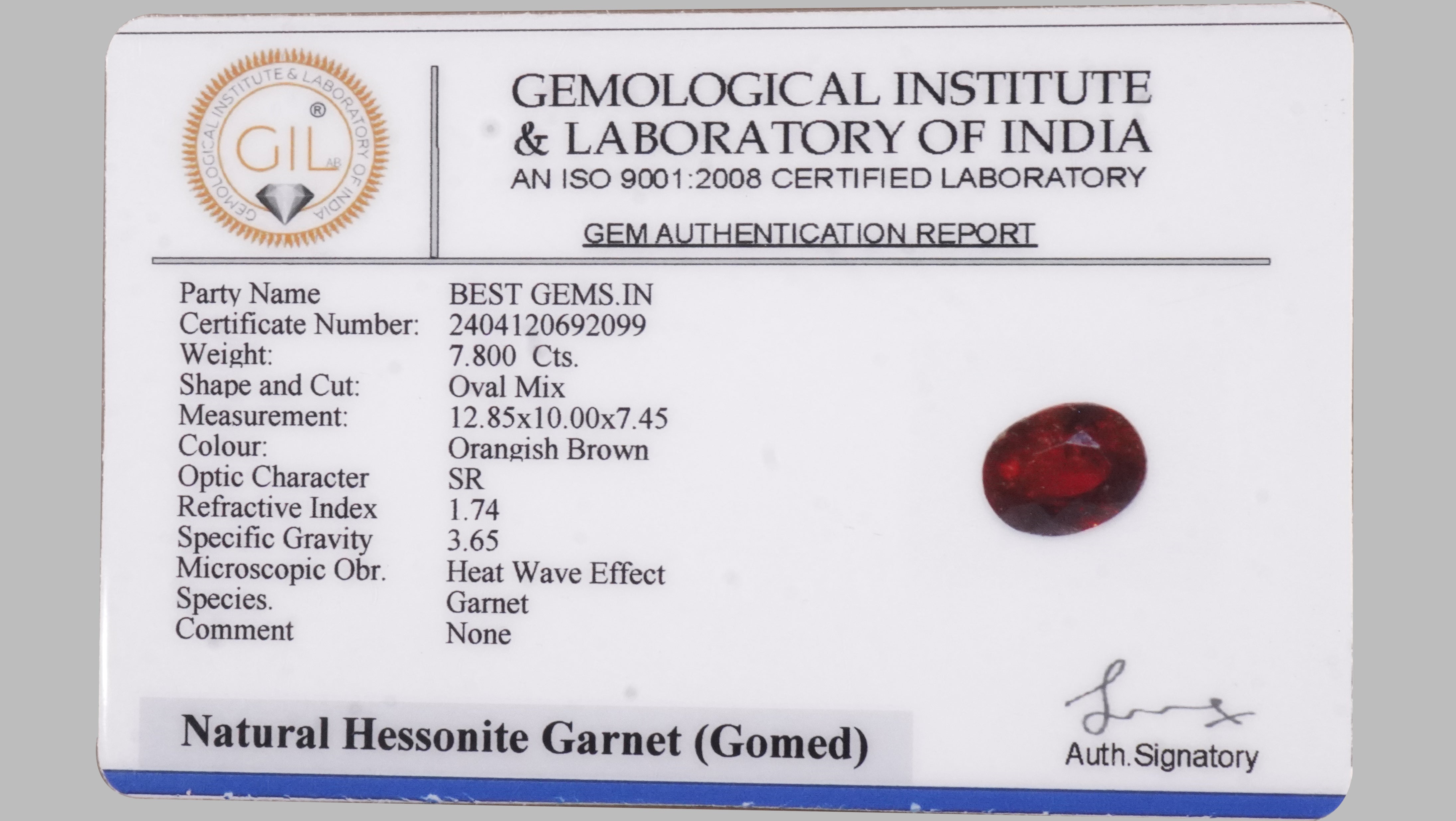 NATURAL Sri-Lanka (Ceylon) HESSONITE (GOMED) 7.800 CARATS (8.58 ratti ) with GIL certified